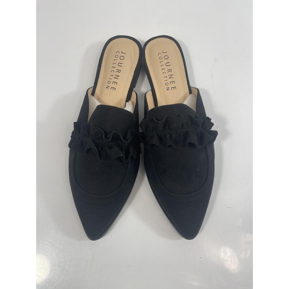 Journee Collection Kessie Shoes Womens Size 7.5 Black Ruffle Pointed Toe Mules - Picture 3 of 9